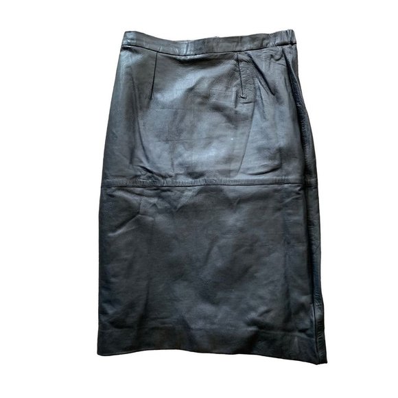 Small Judith Ann Creations Vintage 80s Black Leather Skirt Straight Knee Length - Picture 1 of 6